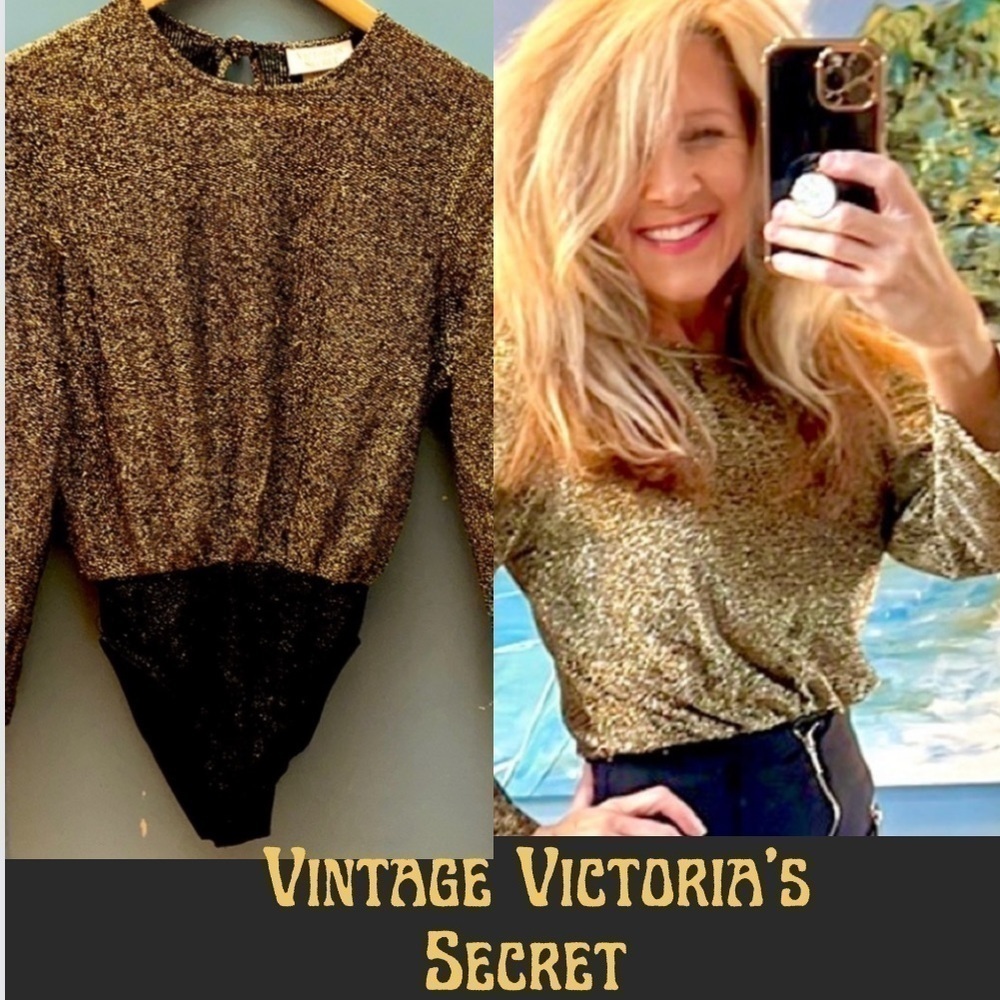 VTG, Victoria’s Secret,Shimmering Gold & Black Bodysuit w/Snaps, EUC, AWESOME